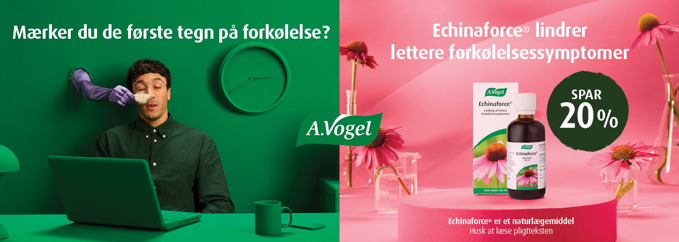 Echinaforce A.Vogel naturlægemiddel med echinacea purpurea – støtter immunforsvaret. 70 års jubilæum med rød solhat. Husk at læse pligtteksten