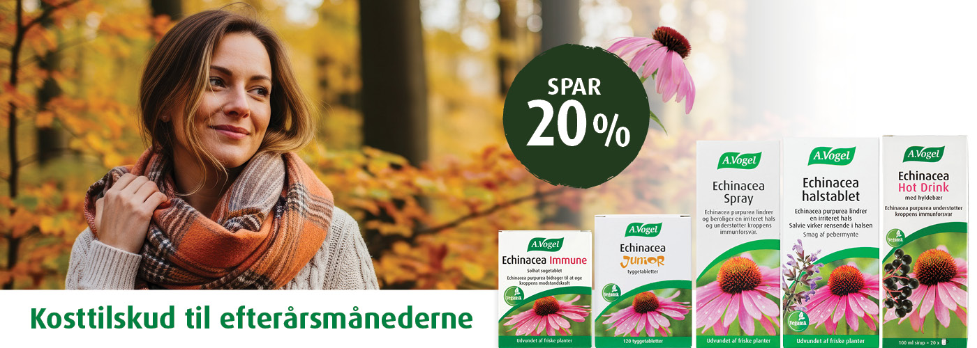 Echinaforce A.Vogel naturlægemiddel med echinacea purpurea – støtter immunforsvaret. 70 års jubilæum med rød solhat. Husk at læse pligtteksten