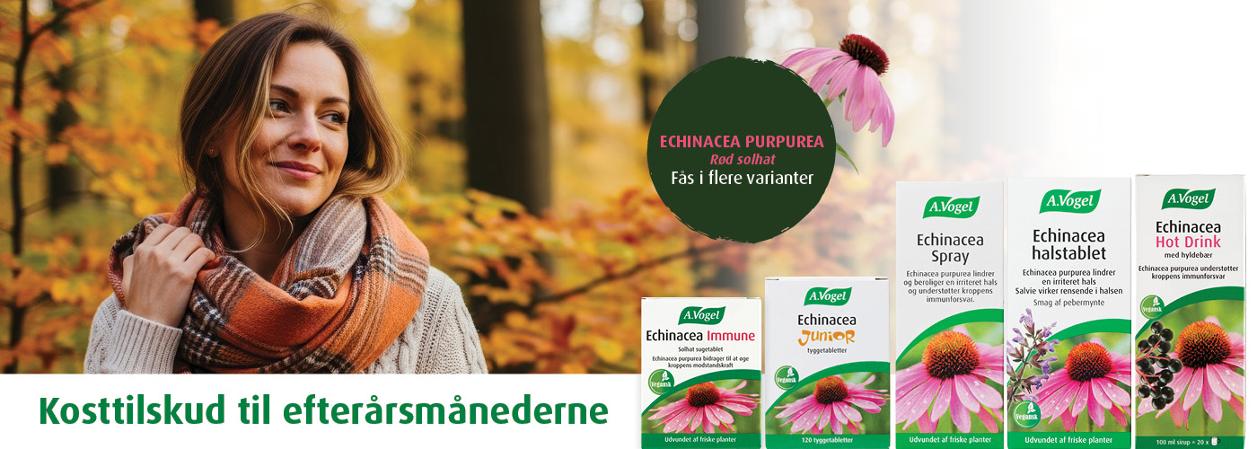 Echinaforce A.Vogel naturlægemiddel med echinacea purpurea – støtter immunforsvaret. 70 års jubilæum med rød solhat. Husk at læse pligtteksten